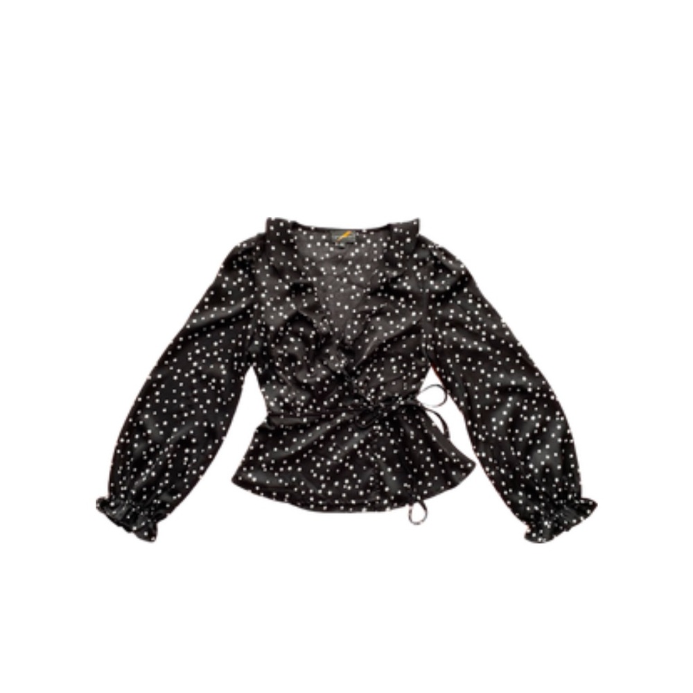 M Boutique black and white wrap peplum top with stars and ruffles. Long sleeve